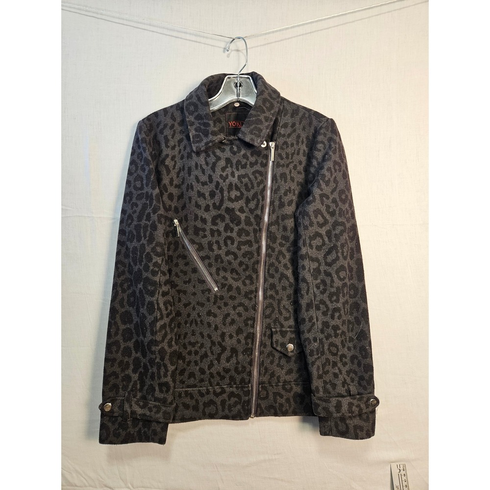 Yoki Womens Leopard Print Moto Jacket Gray Black Wool Blend Asymmetric Zip L